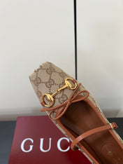 GG MARY JANE 25S IN MINK BROWN CANVAS MIX LAMBSKIN WITH GOLD HARDWARE