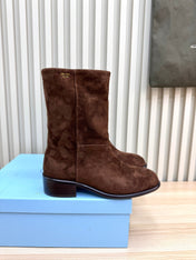 PRADA 25S LOW-CUT BOOTS IN DARK BROWN SUEDE