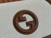 BLONDIE LARGE TOP HANDLE BAG 32 IN NATURAL COTTON LINEN CANVAS BROWN CALFSKIN
