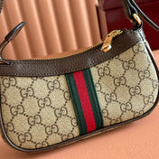 GUCCI 25S OPHIDIA SMALL SHOULDER BAG 19 IN BEIGE CANVAS AND BROWN CALFSKIN