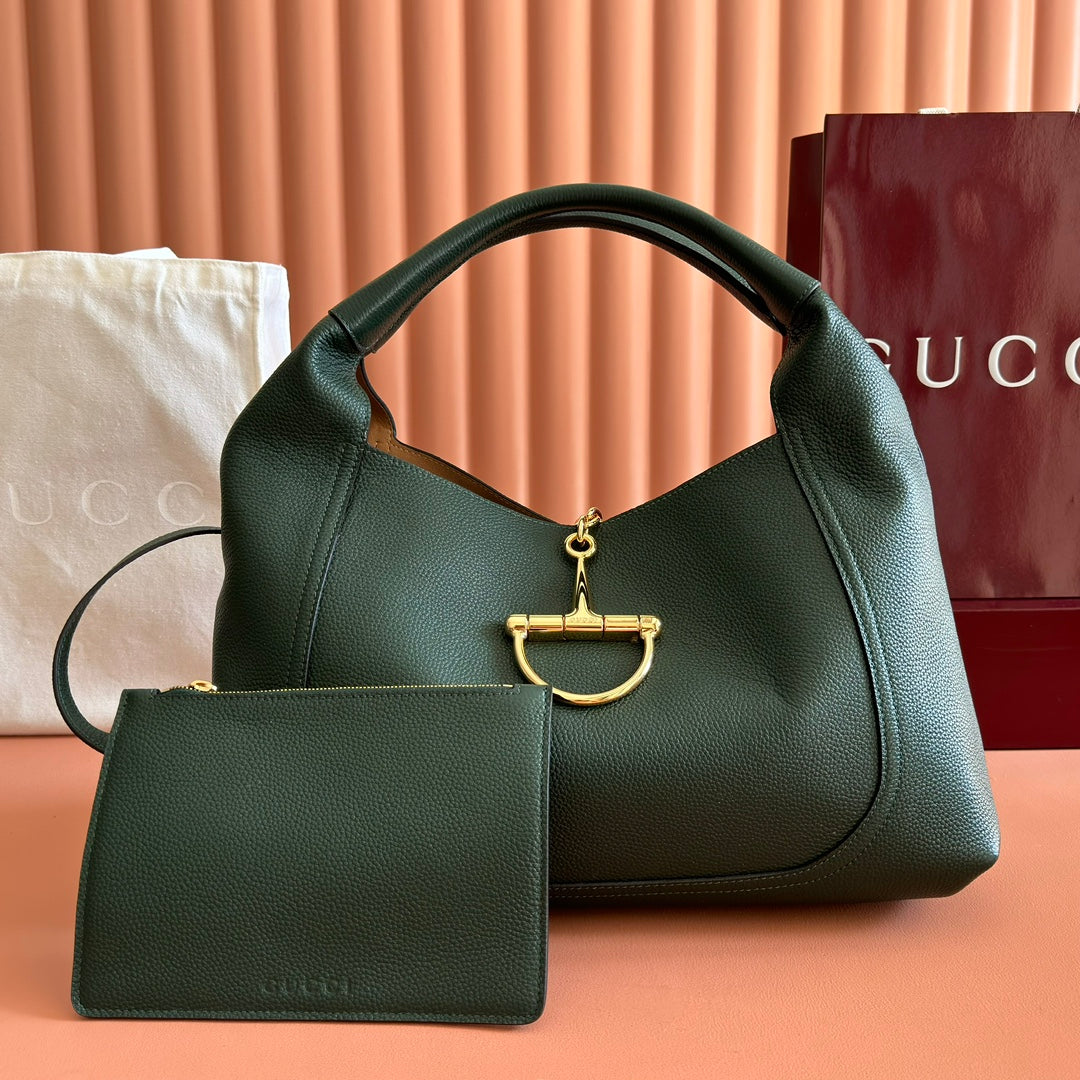 GUCCI 25S HANDBAG 46 CM IN DARK GREEN CALFSKIN WITH GOLD HARDWARE
