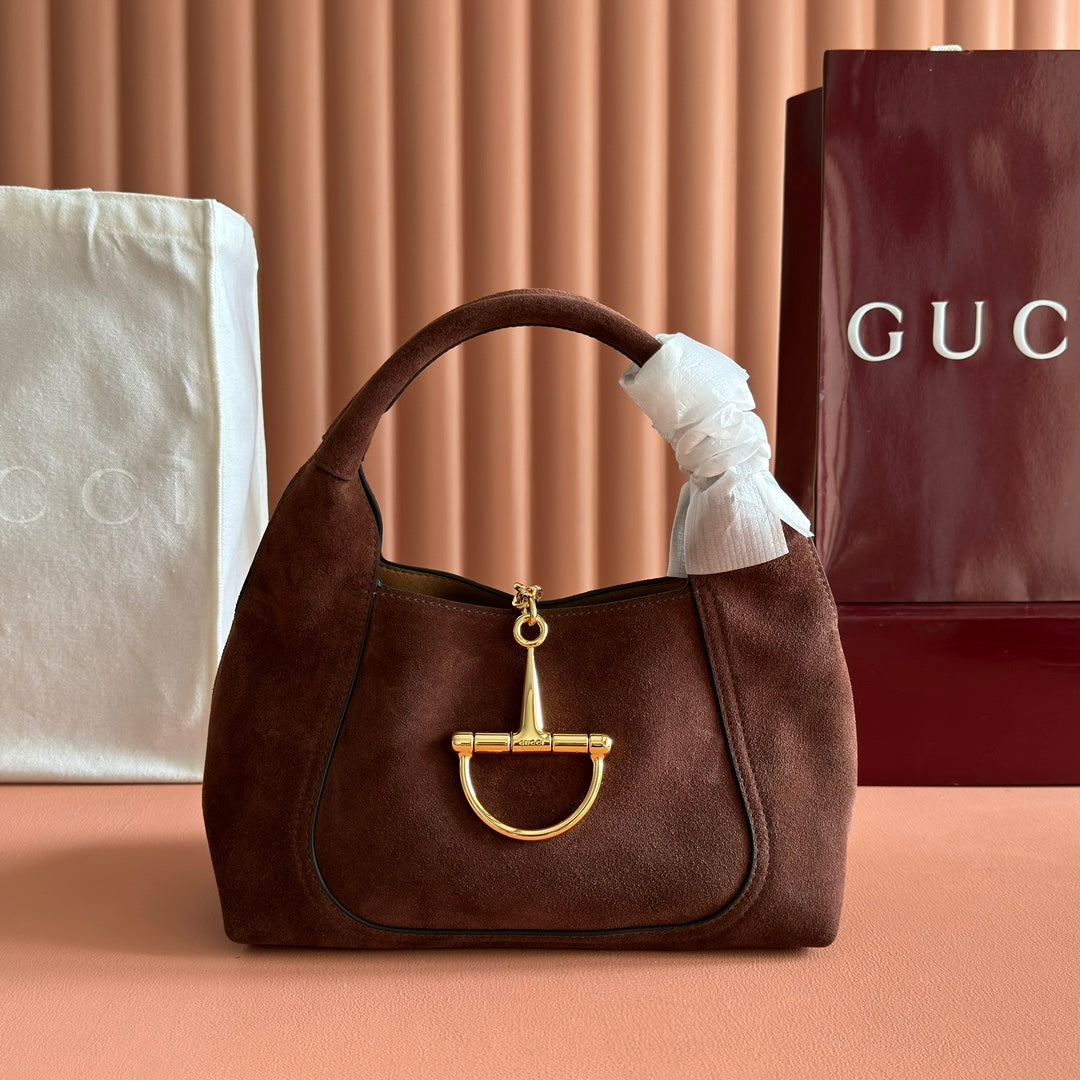GUCCI 25S HANDBAG 28 CM IN DARK CACAO BROWN SUEDE WITH GOLD HARDWARE