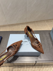 PRADA 26S POINTED TOE CUT OUT HIGH HEELS 75MM IN DARK BROWN SUEDE WITH BOW