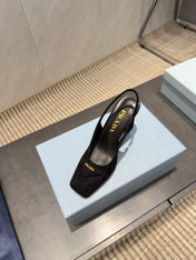 PRADA 26S LOW HEEL SQUARE TOE SLINGBACK SHOES 85MM IN BLACK SUEDE WITH LOGO