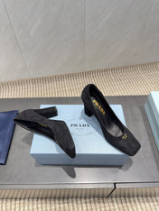 PRADA 26S SQUARE TOE HIGH HEELS 85MM IN BLACK SUEDE