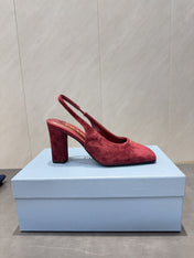 PRADA 26S LOW HEEL SQUARE TOE SLINGBACK SHOES 85MM IN DARK RED SUEDE
