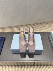 PRADA 26S LOW HEEL SQUARE TOE SLINGBACK SHOES 85MM IN TAUPE BROWN SUEDE