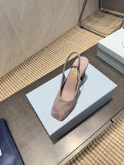 PRADA 26S LOW HEEL SQUARE TOE SLINGBACK SHOES 85MM IN TAUPE BROWN SUEDE