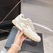 CHANEL 26S LOW TOP SNEAKERS IN BEIGE SUEDE AND WHITE FABRIC WITH RUBBER SOLE