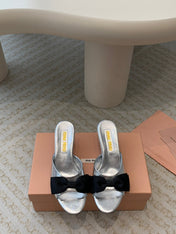 Silver Mid - Heels With Black Bow Calfskin