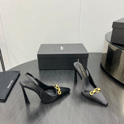 GOLD CHAIN ATTACHED HIGH SLINGBACK IN BLACK SILK