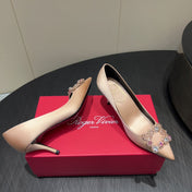 ROGER VIVIER 25S POINTED TOE HIGH HEELS 70MM IN DARK NUDE SILK EMBELLISHED CRYSTALS
