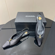 YSL SLINGBACK FLATS 25S IN BLACK SATIN FABRIC WITH GOLD HARDWARE
