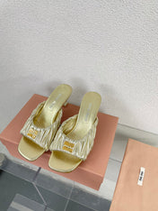 Women's Mid - Heel Metallic Yellow Color Leather Stylized