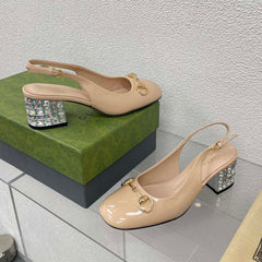 GG WOMEN'S HORSEBIT SLINGBACK IN TAN BEIGE CALFSKIN WITH RHINSTONES