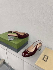 GG WOMEN'S HORSEBIT SLINGBACK IN WINE RED CALFSKIN WITH RHINSTONES
