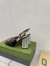 GG WOMEN'S HORSEBIT SLINGBACK 95MM IN BLACK CALFSKIN WITH RHINSTONES