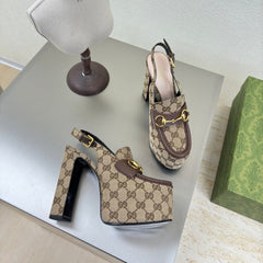 GG WOMEN'S HORSEBIT PLATFORM LOAFER SLINGBACK IN TAN BEIGE CANVAS