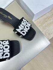 DWAY HEELED SLIDE EMBROIDERED COTTON AND BLACK MISS DIOR ALLOVER MOTIF 35 MM