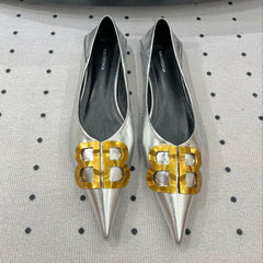 POINTED BB GOLD BUCKLE BALLET FLAT IN SILVER METALLIC SHINY CALFSKIN