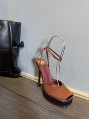 LA SCANDALE PLATFORM SANDALS IN DARK CAPPUCCINO SATIN