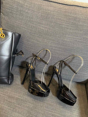 LA SCANDALE PLATFORM SANDALS IN BLACK GLOSSY CALFSKIN