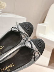BALLET FLATS IN SILVER GLITTERED TULLE AND BLACK SATIN