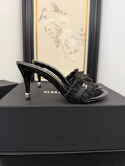 BLACK GROSGRAIN CANVAS BOW MULE SANDALS 90 MM