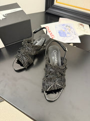 BLACK GROSGRAIN CANVAS BOW SLINGBACK SANDALS 65 MM