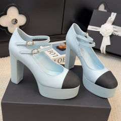 FLATFORM SANDAL IN LIGHT BLUE CALFSKIN AND BLACK FABRIC