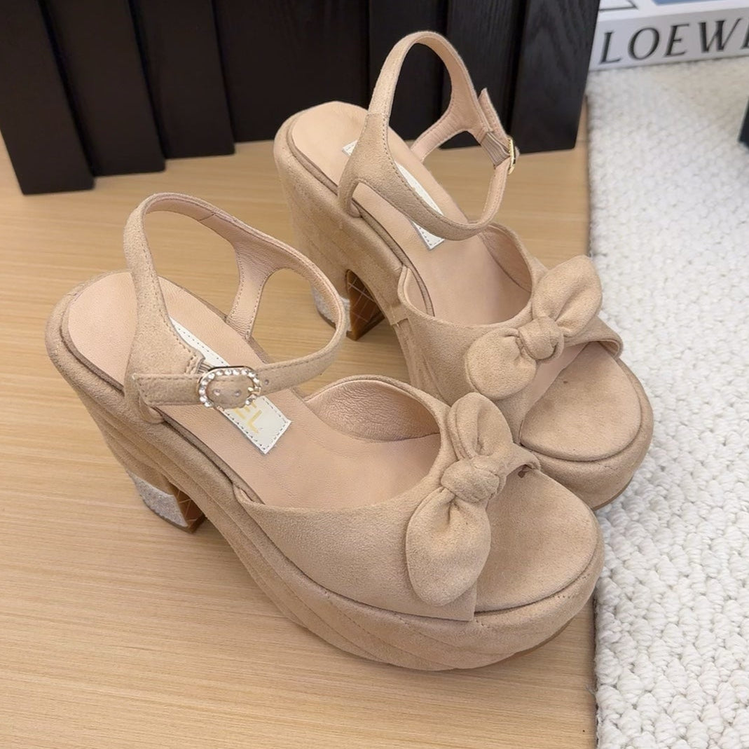 HIGH 12 CM PLATFORM SANDALS IN CAMEL BEIGE SUEDE