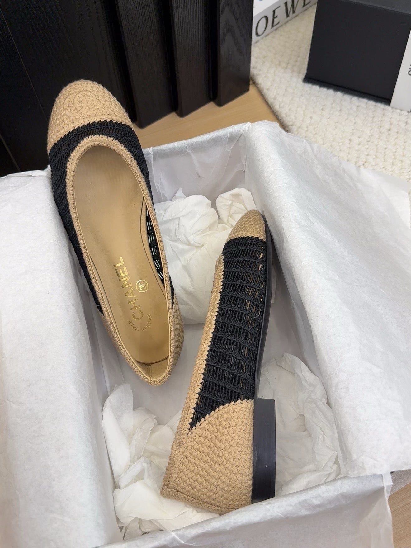 BALLERINAS IN BLACK MIX PEANUT BROWN RAFFIA