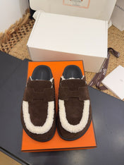 HM 25S MULE IN DARK CHOCOLATE BROWN SUEDE MIX WHITE SHEARLING
