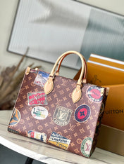 ONTHEGO VOYAGE 35 IN BROWN MONOGRAM CANVAS WITH VINTAGE HOTEL LABELS