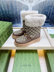 HORSEBIT ANKLE BOOTS WITH MERINO TRIM IN BEIGE JACQUARD FABRIC MIX BROWN CALFSKIN