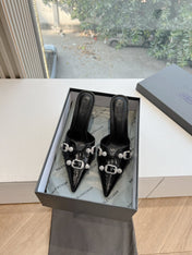 CRYSTAL BUCKLE BLACK WAX-OIL SHEEPSKIN HEELED MULES