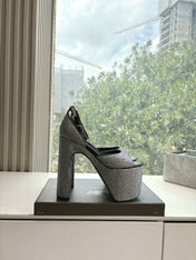 PLATFORM ANKLE STRAP HEELS IN BLACK ATTACHED RHINESTONES CALFSKIN