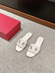 VLOGO CUT-OUT WHITE CALFSKIN SLIDE SANDAL