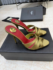 YSL 26S HEELED SANDALS 105 MM IN OLIVE GREEN SATIN