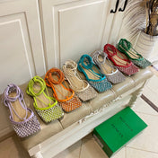 LACE-UP FLAT SANDAL IN VIVID ORANGE METALLIZED MESH AND LEATHER WITH RHINSTONES