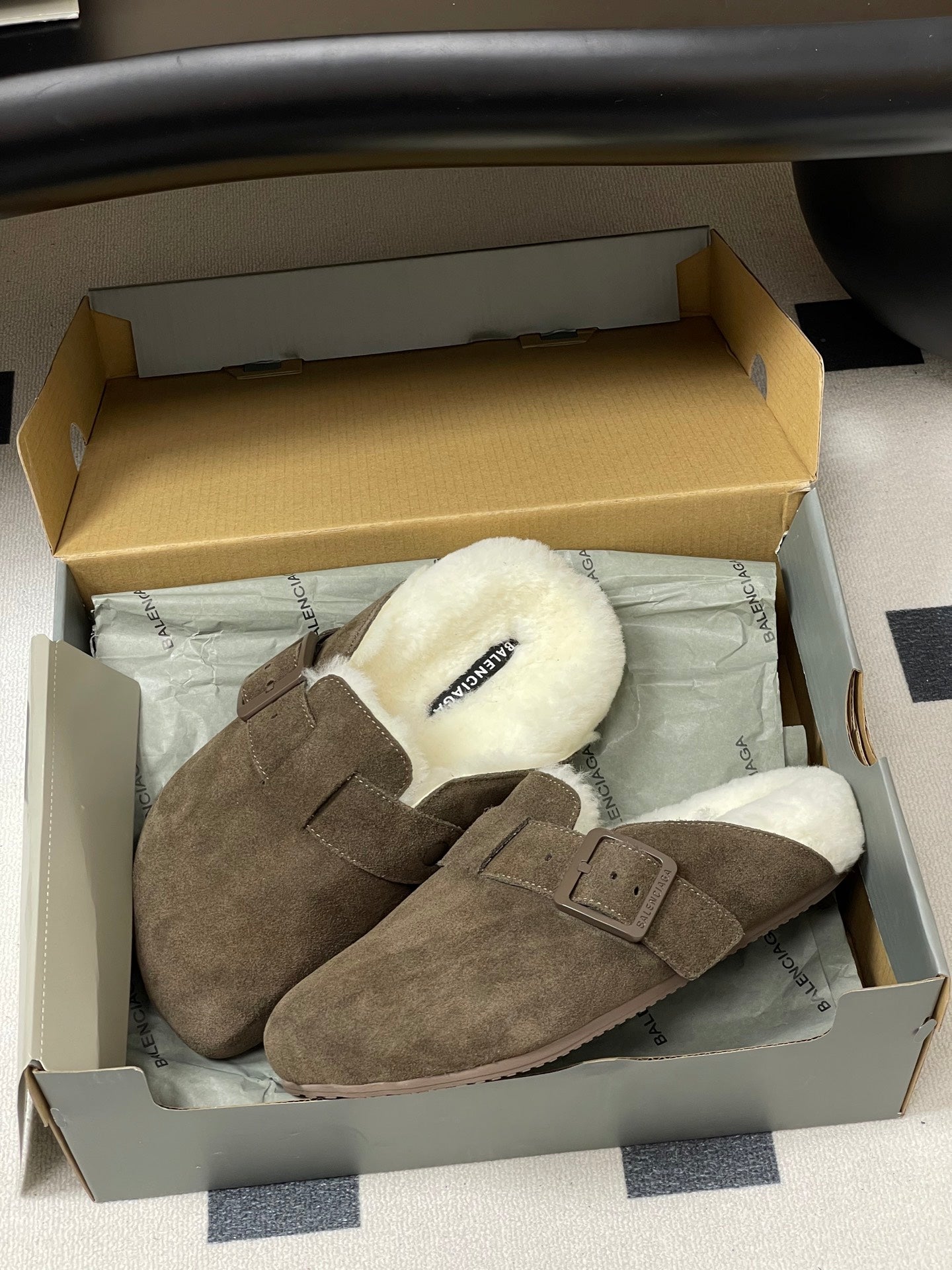BALENCIAGA 25S FUR-LINED MULES IN DARK EARTH BROWN FAUX LEATHER
