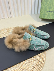 HORSEBIT MULE IN TURQUOISE MONOGRAM VELVET AND LAMB WOOL LINING