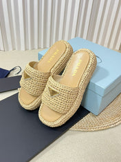 PRA WEDGE FLATFORM SLIDES BEIGE RAFFIA