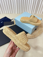PRA WEDGE FLATFORM SLIDES BEIGE RAFFIA