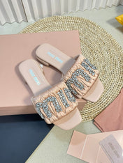 Women's Pastel Pink Leather Diamond Slippers