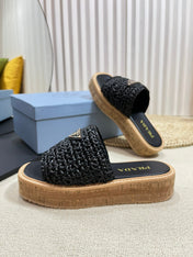 PRA WEDGE FLATFORM SLIDES BLACK RAFFIA