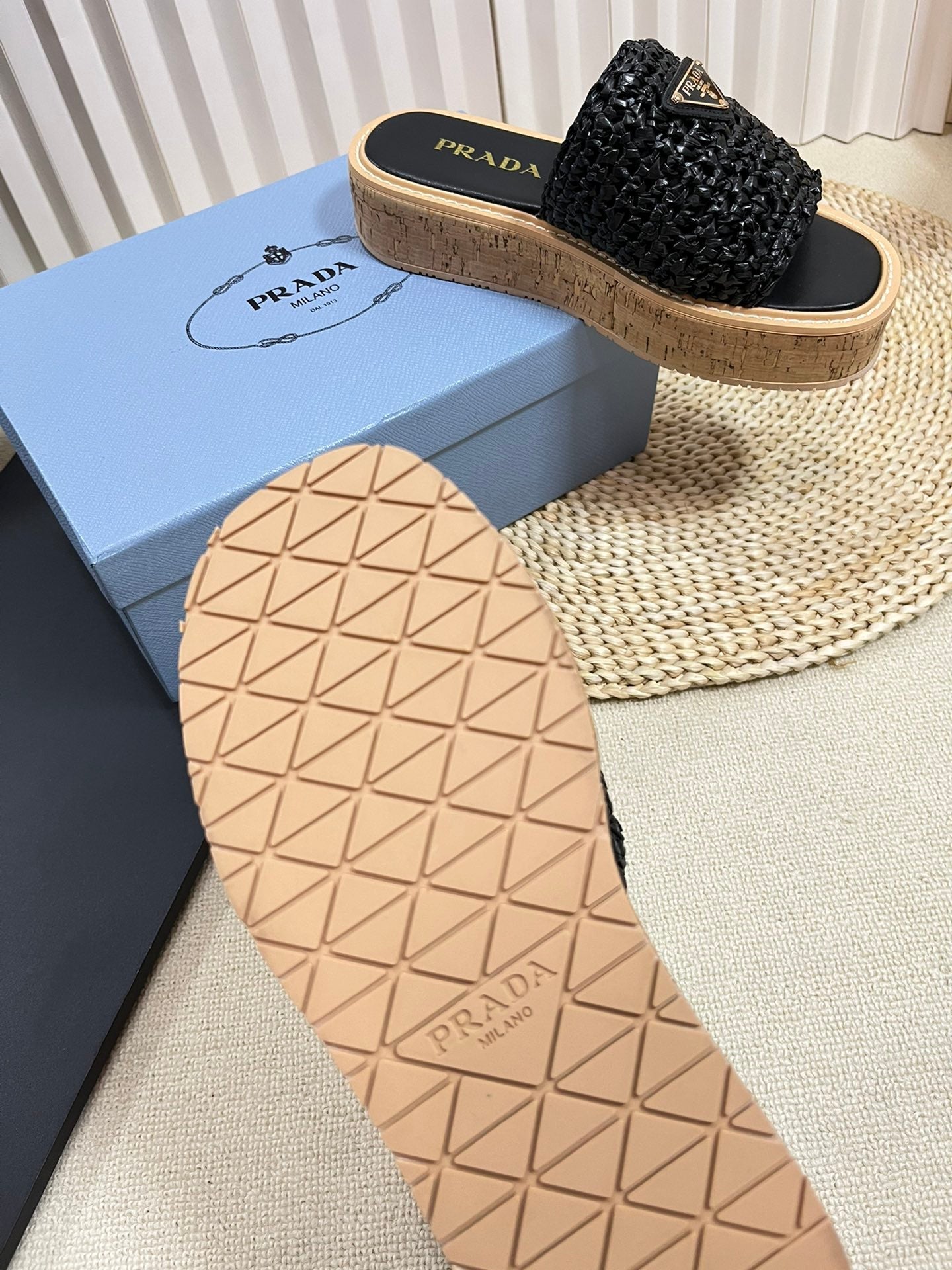 PRA WEDGE FLATFORM SLIDES BLACK RAFFIA