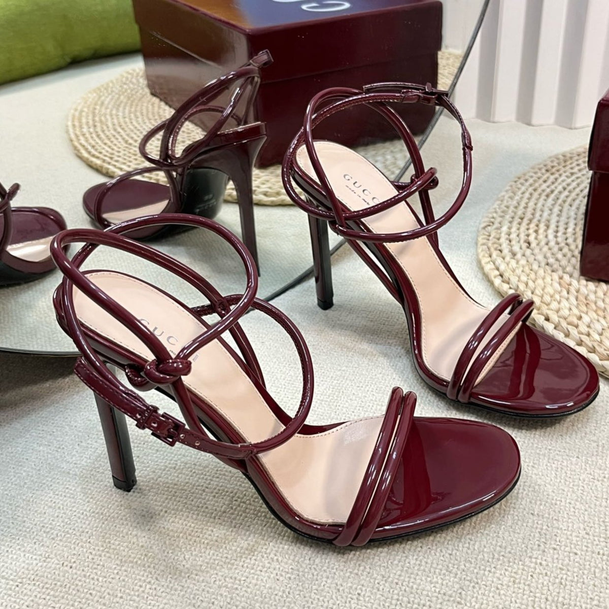 HIGH SANDAL 10 CM IN BERRY RED GLOSSY CALFSKIN