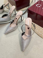 HIGH SLINGBACK 10 CM IN BEIGE SILK WITH FULL RHINSTONES