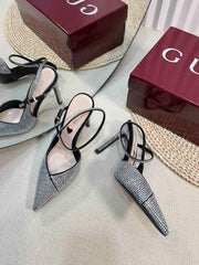 HIGH SLINGBACK 10 CM IN BLACK SILK WITH FULL RHINSTONES